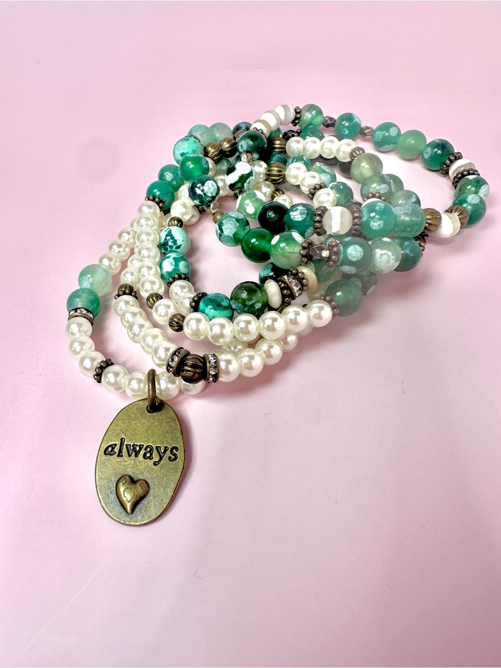 Green and Pearl Multi-Strand Beaded Bracelet with 'Always' Charm by